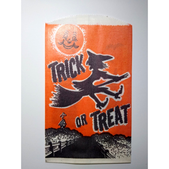 Halloween Candy Treat Bag Full Moon With Face Flying Witch Haunted House Bats - Picture 1 of 2